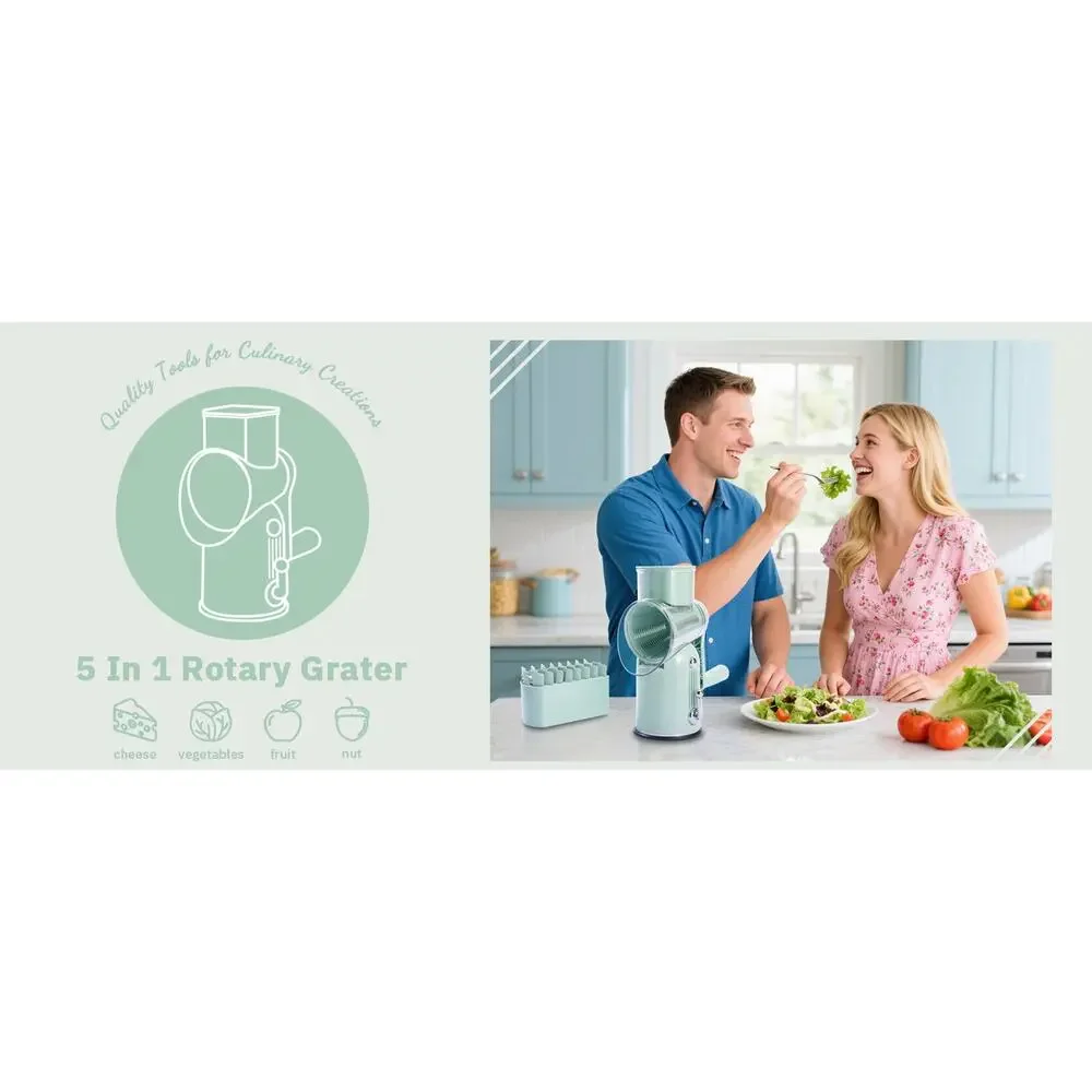 Manual Rotary Cheese Grater 5-in-1 with Suction Base Vegetable Slicer Green